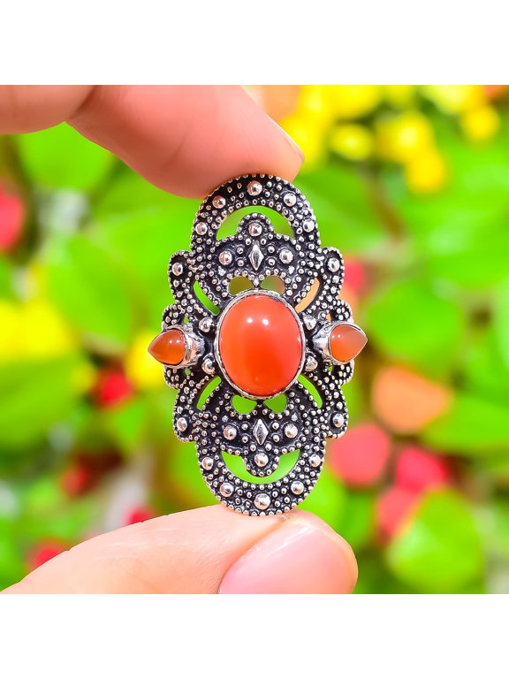 Natural Orange Carnelian Gemstone 925 Sterling Silver Gift Ring Size 8