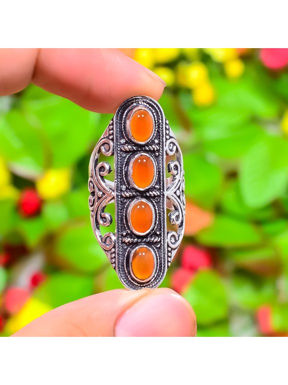 Natural Orange Carnelian Gemstone 925 Sterling Silver Gift Ring Size 8