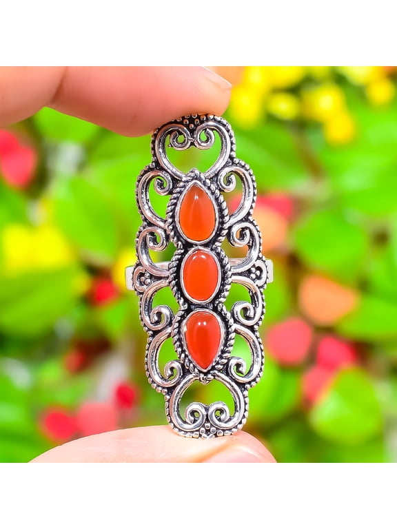 Natural Orange Carnelian Gemstone 925 Sterling Silver Gift Ring Size 9