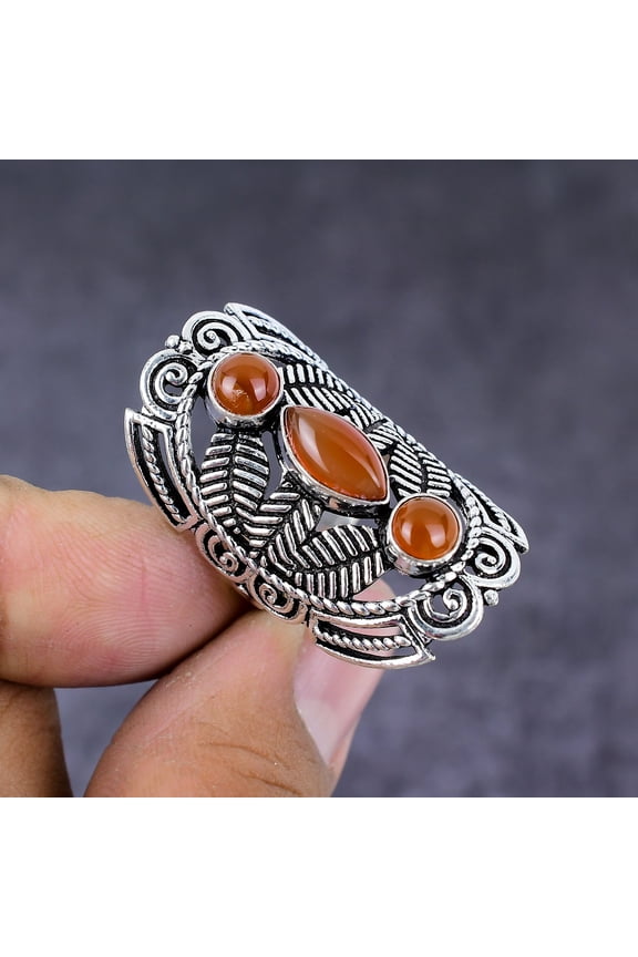 Natural Orange Carnelian Gemstone Handmade 925 Sterling Silver Ring Size 8