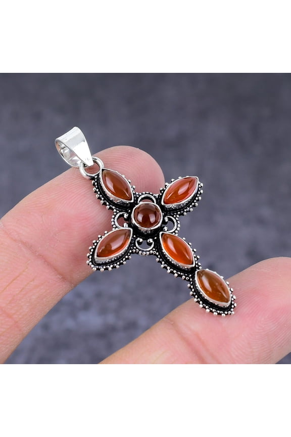 Natural Orange Carnelian Handmade 925 Sterling Silver Cross Pendant 1.81"