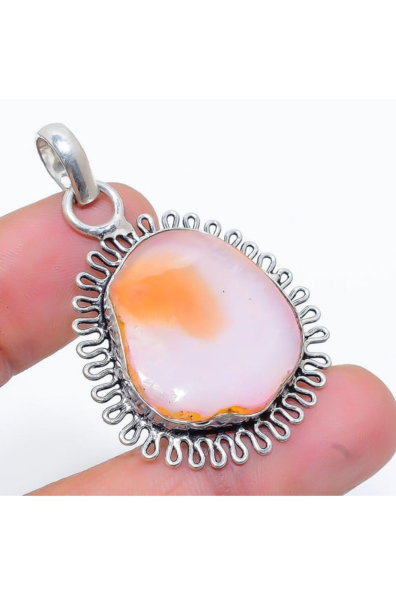 Natural Orange Druzy Slice Gemstone 925 Sterling Silver Pendant 1.65"