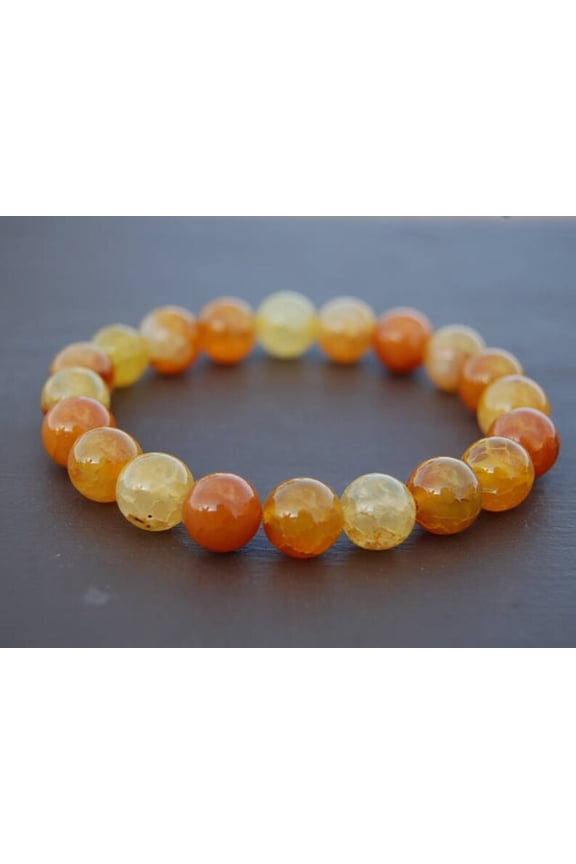 Natural Orange Fire Agate 10mm Round Shape Smooth Cut Beads Stretchable Bracelet for Men & Women.