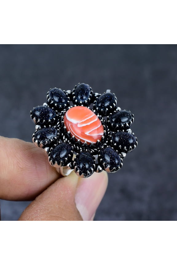 Natural Orange Lace Agate, Sunstone 925 Sterling Silver Jewelry Ring Size 8