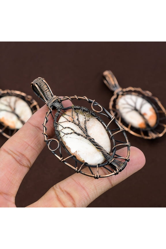 Natural Orange Scolecite Stone Copper Wire Wrap Tree Of Life Pendant 3.27"