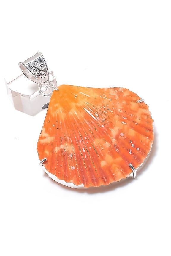Natural Orange Shell Gemstone 925 Sterling Silver Jewelry Pendant 2.68"