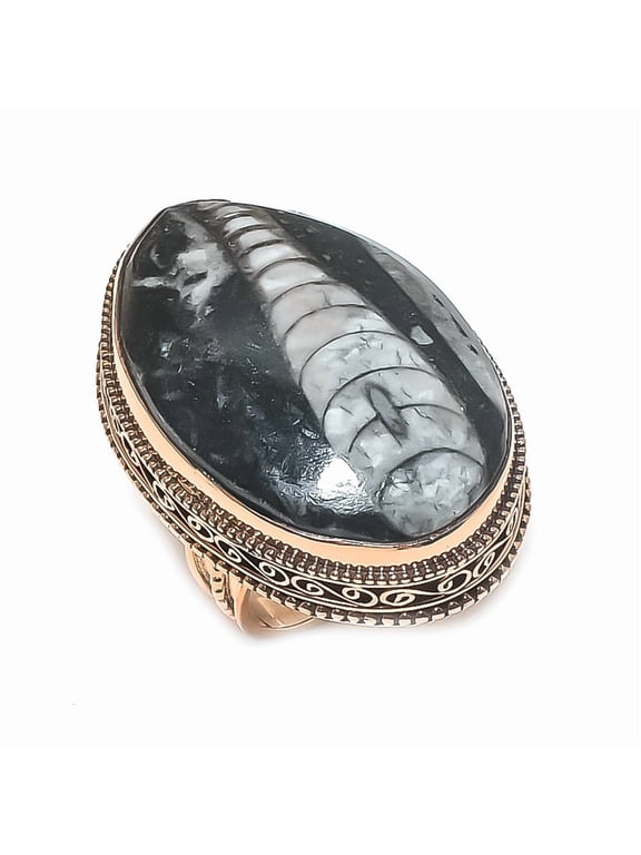 Natural Orthoceras Fossil Gemstone Handmade Copper Jewelry Ring Size 8