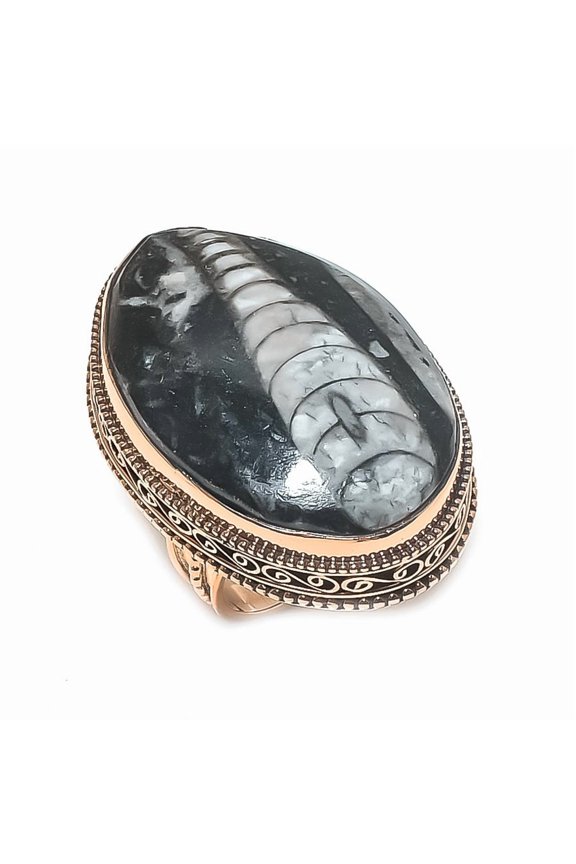 Natural Orthoceras Fossil Gemstone Handmade Copper Jewelry Ring Size 8