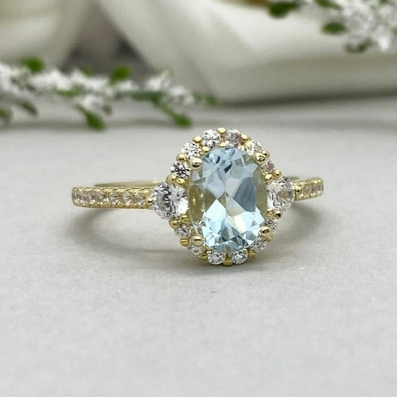 Natural Oval Cut Aquamarine Gemstone Ring 925 Sterling Silver Gold-plated Aquamarine Bridal Engagement Wedding Ring