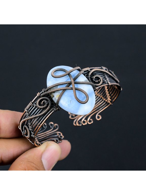Natural Owhyee Blue Opal Gemstone Handmade Copper Wire Wrap Bangle Adj.