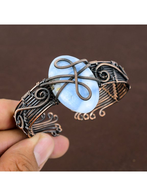 Natural Owhyee Blue Opal Gemstone Handmade Copper Wire Wrap Bangle Adj.