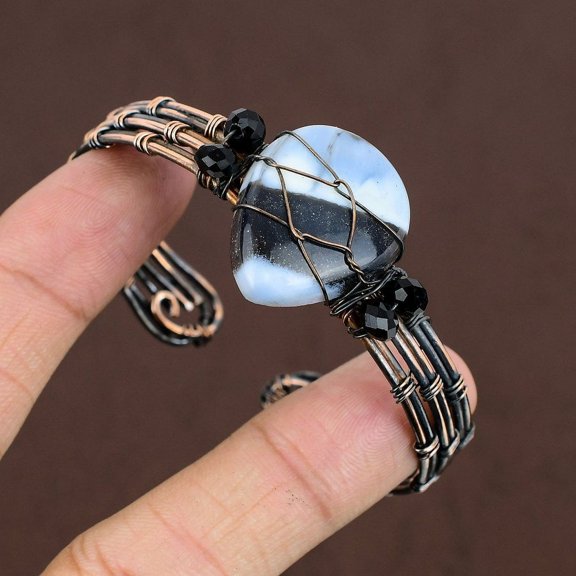 Natural Owyhee Opal Gemstone Handmade Copper Wire Wrap Cuff Bangle Adj.