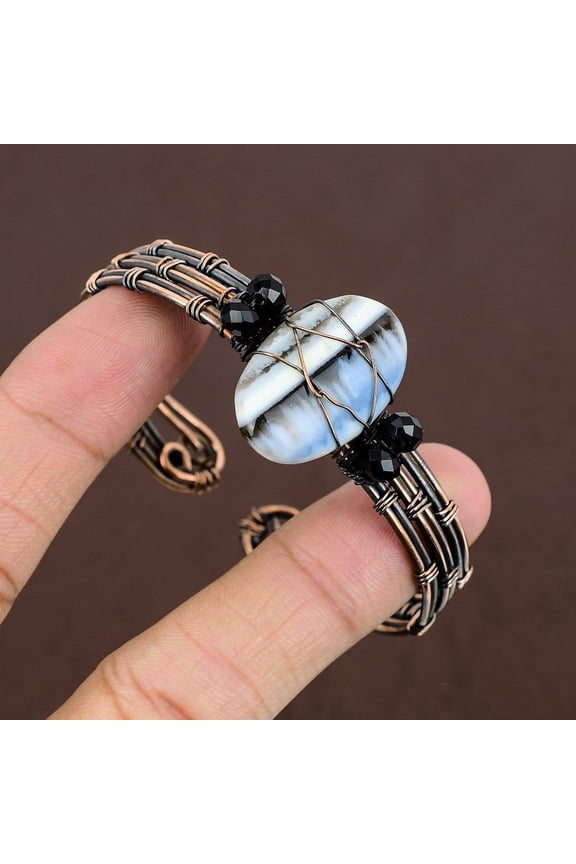 Natural Owyhee Opal Gemstone Handmade Copper Wire Wrap Cuff Bangle Adj.