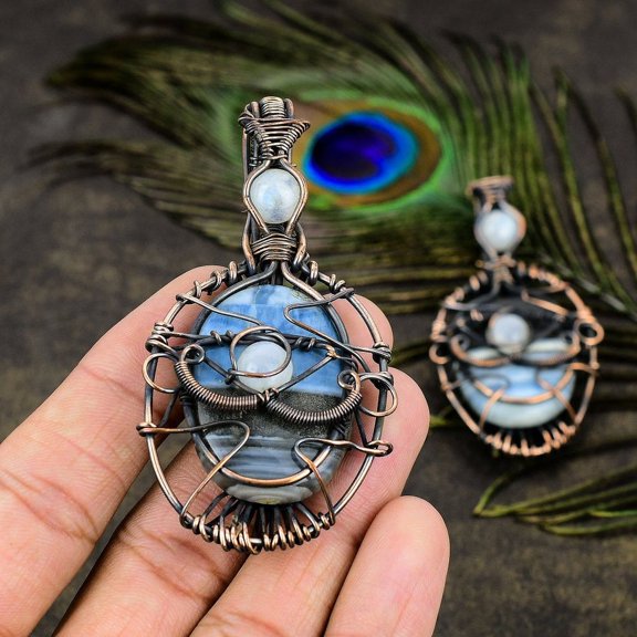 Natural Owyhee Opal, Moonstone Gemstone Copper Wire Wrap Pendant 2.76"