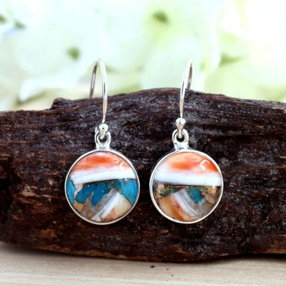 Natural Oyster Turquoise Dangle Earrings 925 Sterllng Silver Jewelry Round Gemstone Hippie Jewelry Birthday Gift For Woman