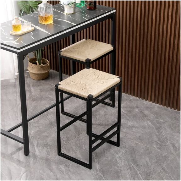 Natural Paper Rope Bar Stools Set of 2, Backless Counter Height Stools with Footrest, Woven Dining Chairs for Kitchen Island, Boho Industrial Style