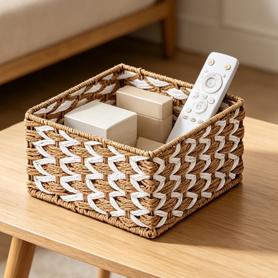 Natural Paper Storage Basket 6x6x4 Inches, Desk Coffee Table Organizer Tray for Snacks Cosmetics Small Items, Rustic Home Decor