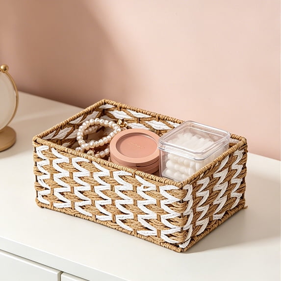 Natural Paper Storage Basket 6x6x4 Inches, Desk Coffee Table Organizer Tray for Snacks Cosmetics Small Items, Rustic Home Decor