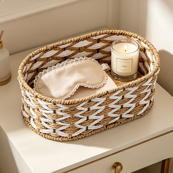 Natural Paper Storage Basket 6x6x4 Inches, Desk Coffee Table Organizer Tray for Snacks Cosmetics Small Items, Rustic Home Decor