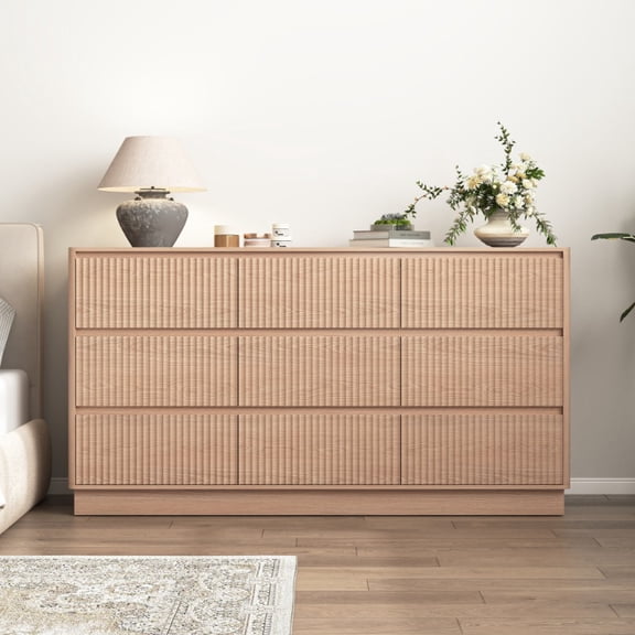Natural Particle Board 9 Drawer Handleless Dresser Mid Century Wave Drawer Storage Chest Cabinet for Bedroom Living Room Entryway