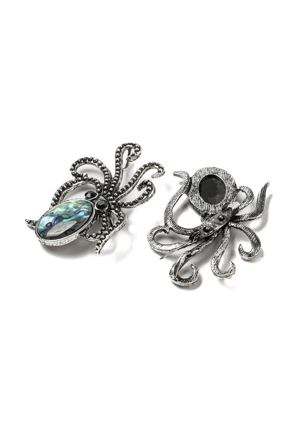 Natural Paua Shell/Abalone Shell Octopus Brooch Alloy Pave Jet Rhinestone Sea Animal Pins Silver Colorful 52.5x36.5x4~6mm Hole: 7x4mm