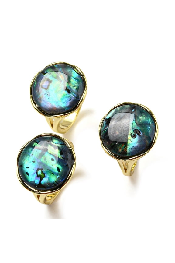 Natural Paua Shell Flat Round Open Cuff Ring Brass Finger Ring Real 14K Gold Plated US Size 6(16.5mm)