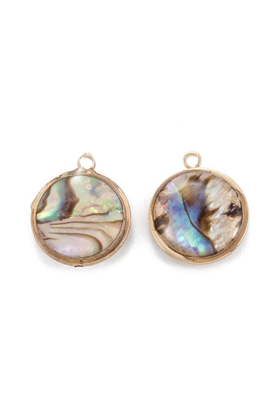 Natural Paua Shell Pendants with Golden Brass Findings Flat Round 16.5x14x5.5mm Hole: 1.5mm