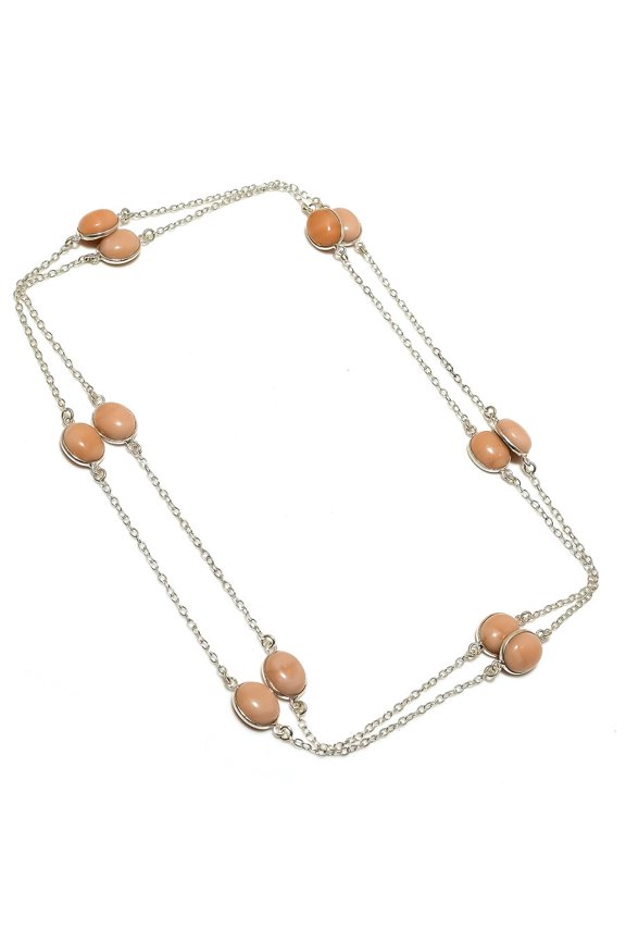 Natural Peach Chalcedony Gemstone 925 Sterling Silver Jewelry Necklace 36"
