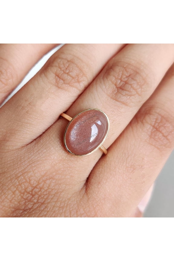 Natural Peach Moonstone Ring, 14K Solid Yellow Gold Moonstone Ring, June Birthstone Ring, Christmas Present, Peach Moonstone Jewelry