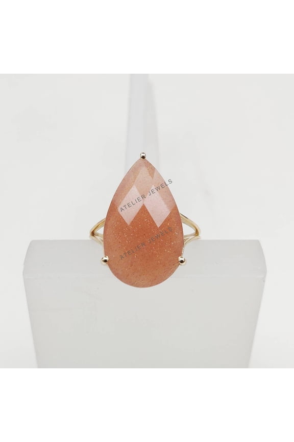 Pear Natural Peach Moonstone Ring, 10K Yellow Gold, June Birthstone