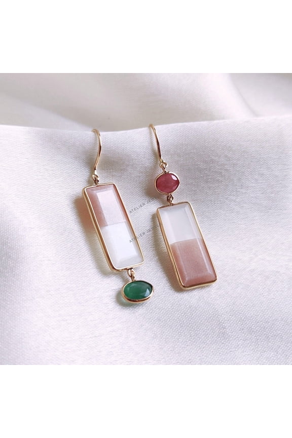 Natural Peach Moonstone & White Moonstone Earrings, Solid Gold Moonstone Earrings, June Birthstone, Christmas Gift, Multi Gemstone Earring