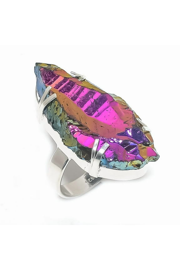 Natural Peacock Titanium Aura 925 Sterling Silver Jewelry Ring Size 10