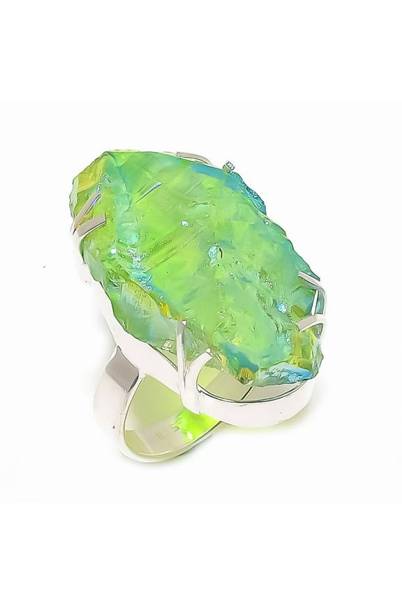 Natural Peacock Titanium Aura 925 Sterling Silver Jewelry Ring Size 9