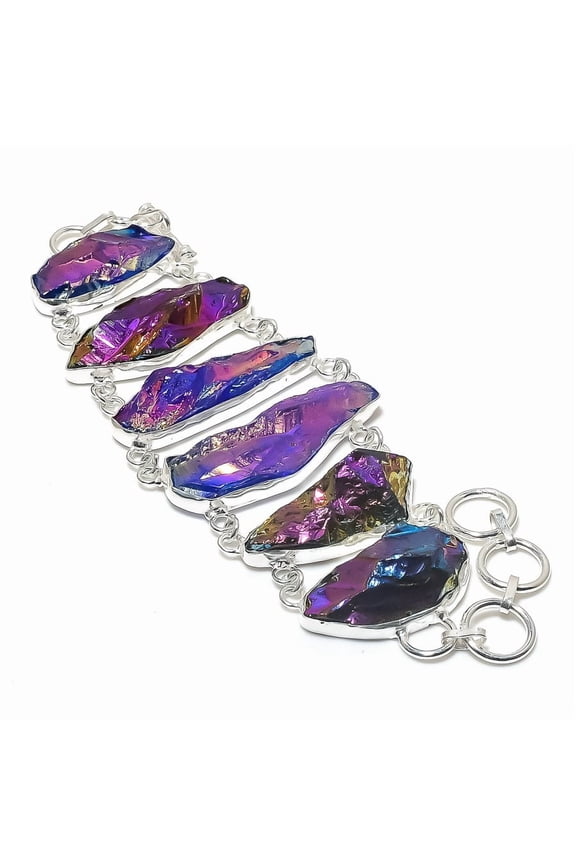 Natural Peacock Titanium Aura Gemstone 925 Sterling Silver Bracelet 7-8"