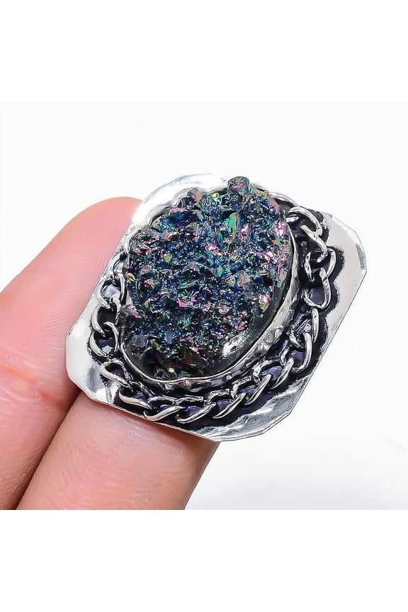 Natural Peacock Titanium Aura Gemstone 925 Sterling Silver Ring Size 8
