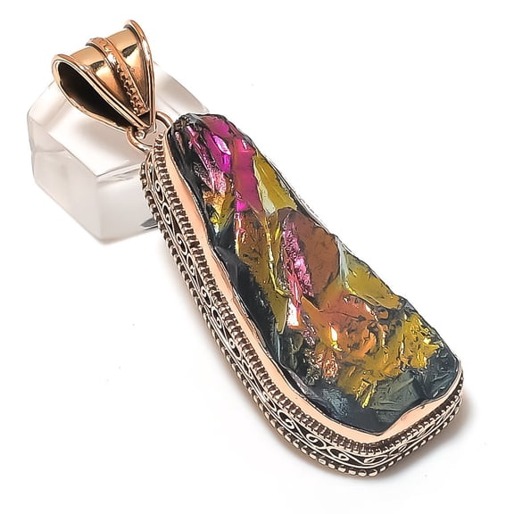 Natural Peacock Titanium Aura Gemstone Copper Jewelry Pendant 2.60"