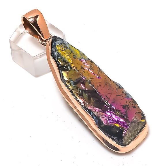 Natural Peacock Titanium Aura Gemstone Copper Jewelry Pendant 2.76"