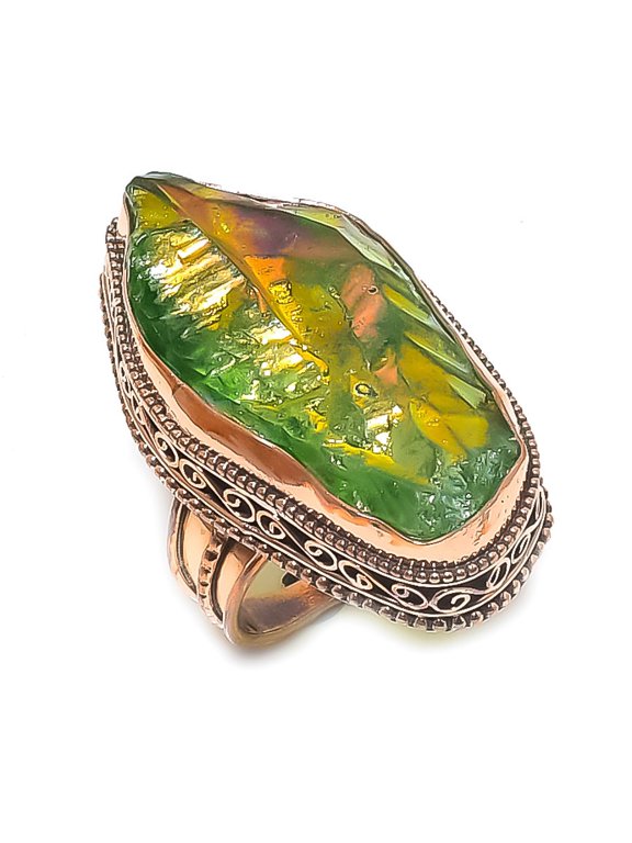 Natural Peacock Titanium Aura Gemstone Handmade Copper Jewelry Ring Size 7