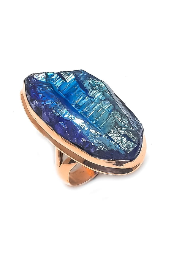 Natural Peacock Titanium Aura Gemstone Handmade Copper Jewelry Ring Size 8