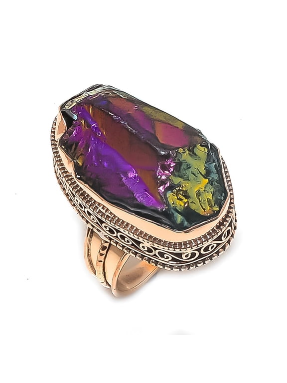 Natural Peacock Titanium Aura Gemstone Handmade Copper Jewelry Ring Size 9