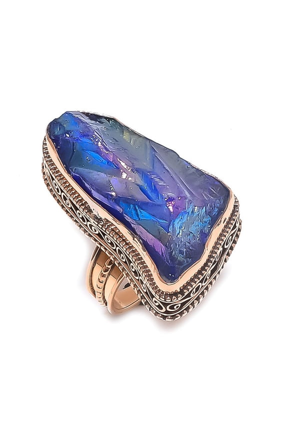 Natural Peacock Titanium Aura Gemstone Handmade Copper Jewelry Ring Size 9