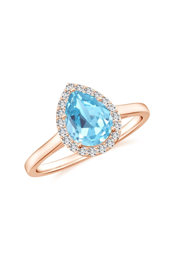 Natural Pear Shaped Aquamarine Halo Engagement Ring with Moissanite in Rose Gold Plated/ 925 Sterling Silver| Teardrop March Birthstone, Birthday, Anniversary, Wedding Jewelry, Ring Size 9