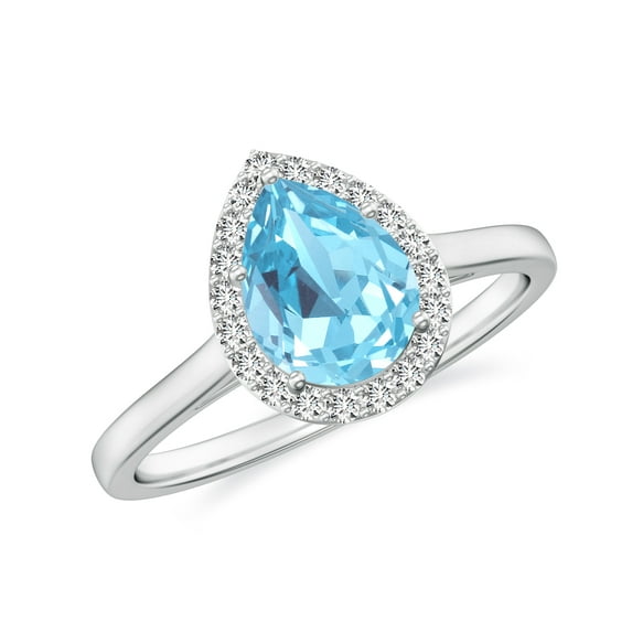 Natural Pear Shaped Aquamarine Halo Engagement Ring with Moissanite in White Gold Plated/ 925 Sterling Silver| Teardrop March Birthstone, Birthday, Anniversary, Wedding Jewelry, Ring Size 5