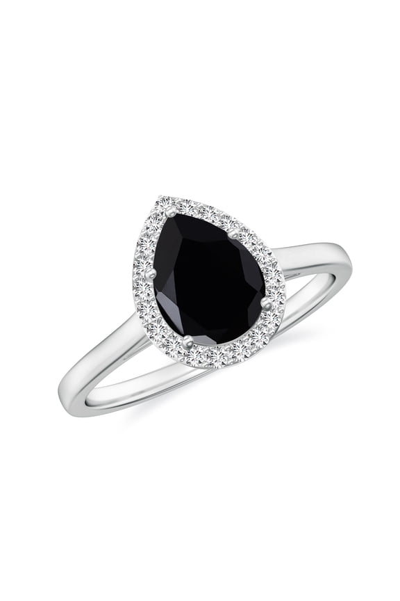 Natural Pear Shaped Black Onyx Halo Engagement Ring with Moissanite in White Gold Plated/ 925 Sterling Silver| Teardrop July Birthstone, Birthday, Anniversary, Wedding Jewelry, Ring Size 10