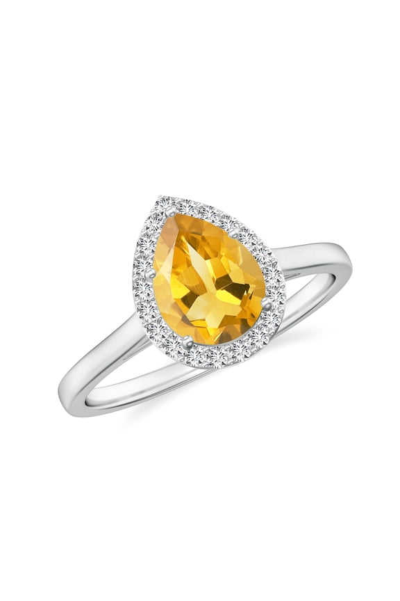 Natural Pear Shaped Citrine Halo Engagement Ring with Moissanite in White Gold Plated/ 925 Sterling Silver| Teardrop November Birthstone, Birthday, Anniversary, Wedding Jewelry, Ring Size 7