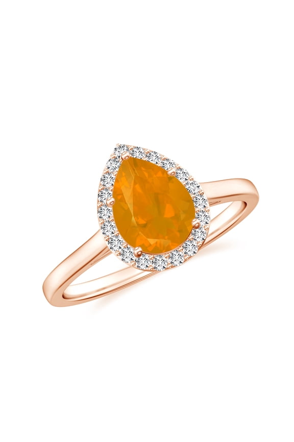 Natural Pear Shaped Fire Opal Halo Engagement Ring with Moissanite in Rose Gold Plated/ 925 Sterling Silver| Teardrop October Birthstone, Birthday, Anniversary, Wedding Jewelry, Ring Size 8