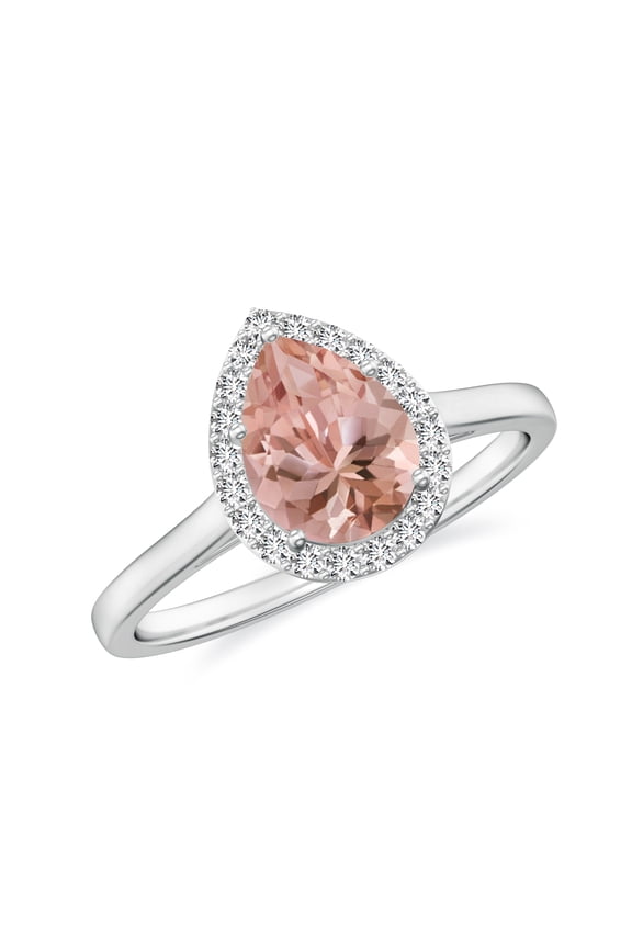 Natural Pear Shaped Morganite Halo Engagement Ring with Moissanite in White Gold Plated/ 925 Sterling Silver| Teardrop Birthstone, Birthday, Anniversary, Wedding Jewelry, Ring Size 10