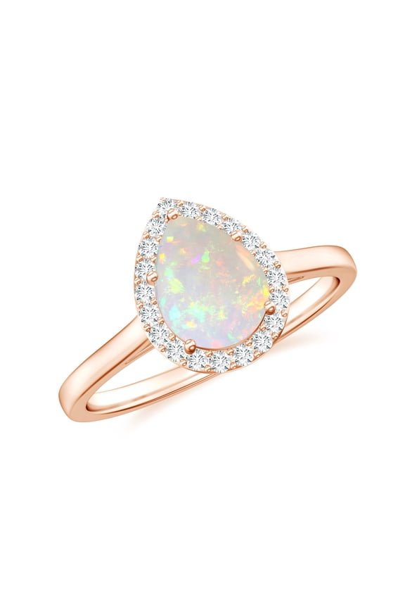 Natural Pear Shaped Opal Halo Engagement Ring with Moissanite in Rose Gold Plated/ 925 Sterling Silver| Teardrop October Birthstone, Birthday, Anniversary, Wedding Jewelry, Ring Size 5