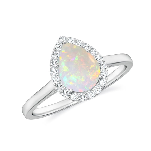 Natural Pear Shaped Opal Halo Engagement Ring with Moissanite in White Gold Plated/ 925 Sterling Silver| Teardrop October Birthstone, Birthday, Anniversary, Wedding Jewelry, Ring Size 5