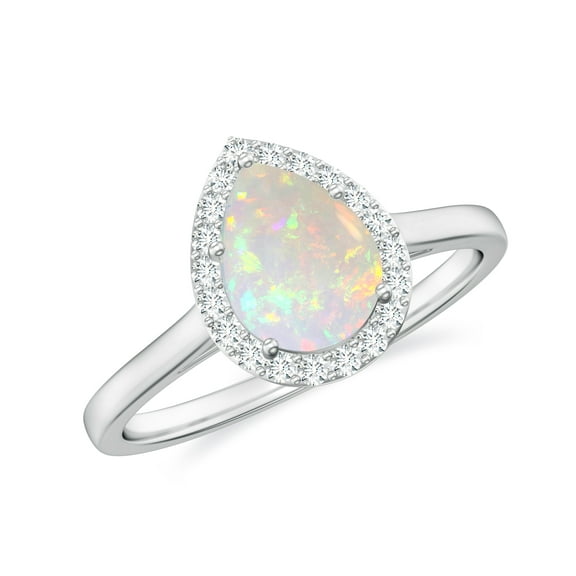 Natural Pear Shaped Opal Halo Engagement Ring with Moissanite in White Gold Plated/ 925 Sterling Silver| Teardrop October Birthstone, Birthday, Anniversary, Wedding Jewelry, Ring Size 9